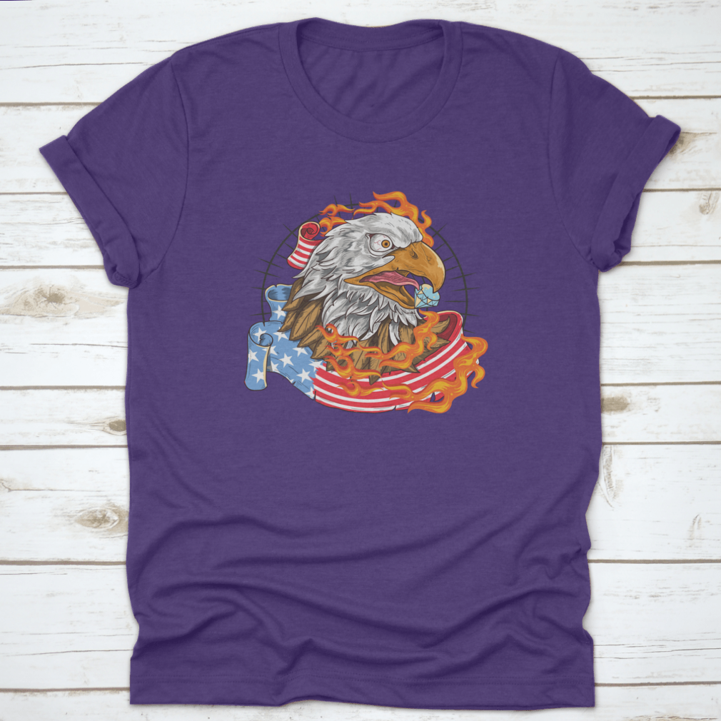 A stylish t-shirt featuring a flaming eagle with a diamond on its beak, showcasing a patriotic design.